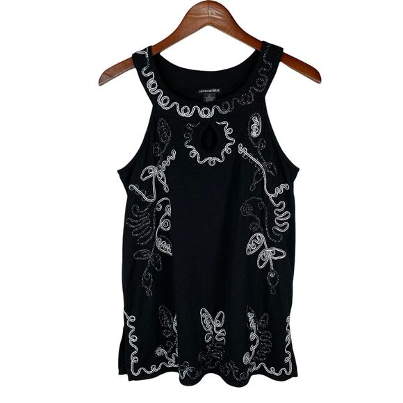 Lauren Michelle Tank Top Sleeveless Embroidered Black Silver Art Women's M - Picture 1 of 8